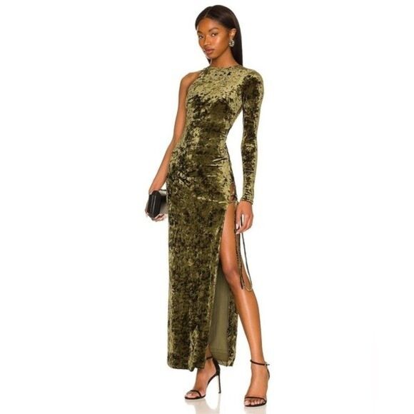 CAMILA COELHO Green Velvet One Shoulder Cutout Lace-Up Maxi Gown party dress XS - Picture 10 of 14